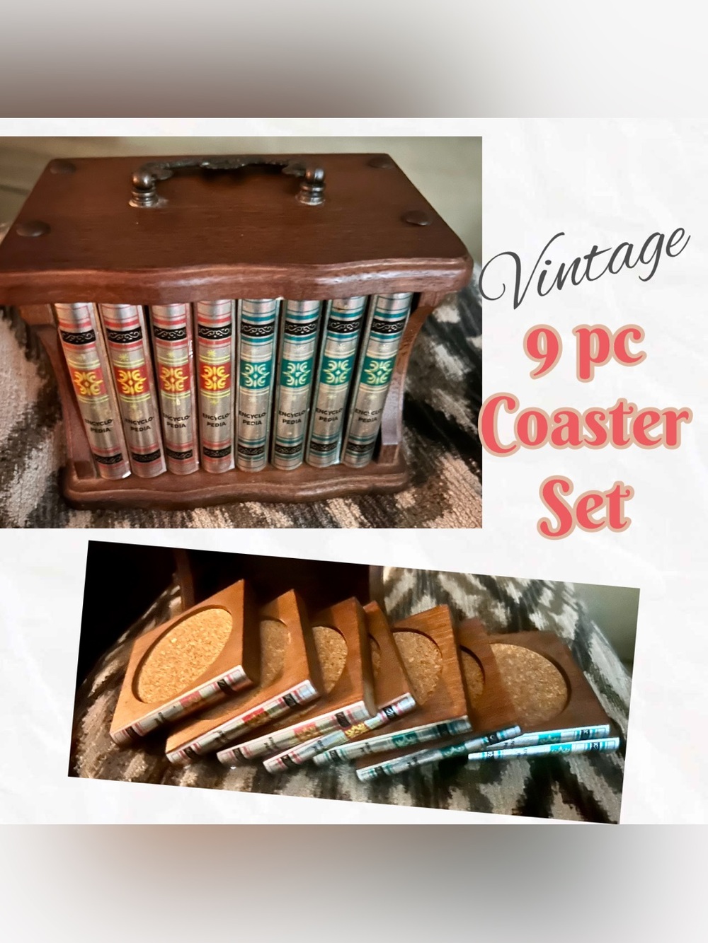 Vintage 1970s Encyclopedia Book Coaster Set with Wooden Caddy